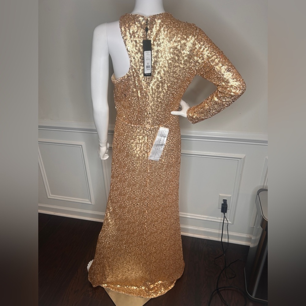 BCBGMAXAZRIA Women's Fit and Flare Floor Length Sequin Evening Gown Gold Sz.L - Picture 10 of 16
